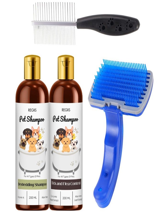 REGIIS Pet Grooming Kit, Deshedding Shampoo and Tick Control Set with Self-Cleaning Brush, 200ml, 4 Pieces - Image 1